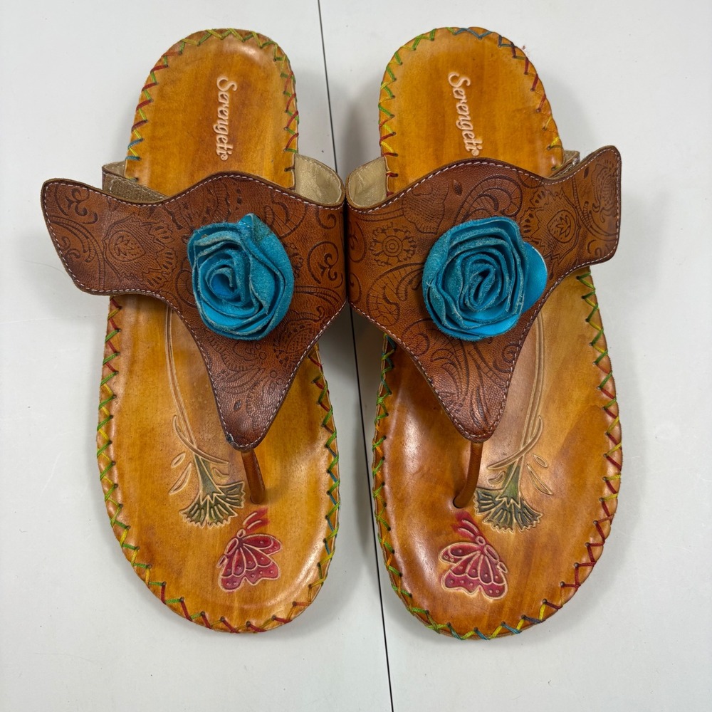 Serengeti‎ Hand Painted Tooled Leather Floral Rose Thong Sandals Brown Blue 41